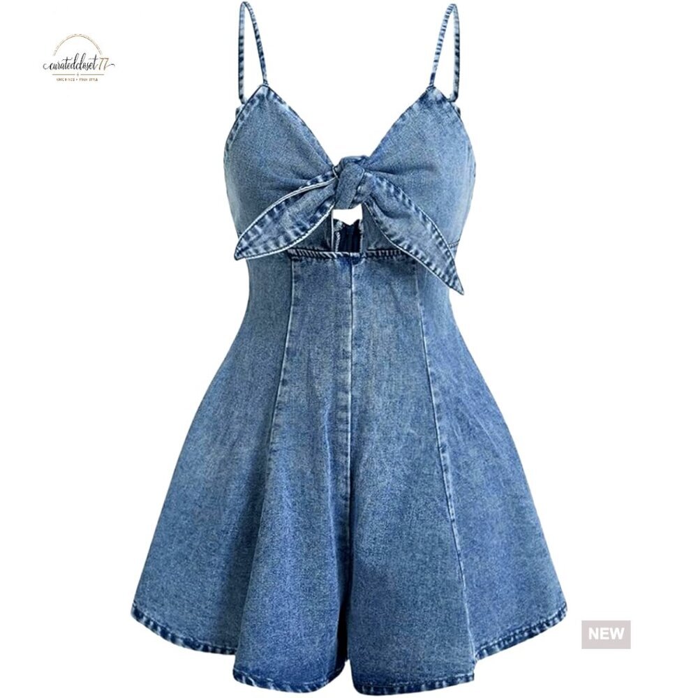 Vintage Bowknot Spaghetti Strap Denim Romper Wide Leg Jumpsuit X-Large